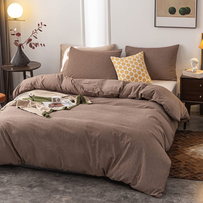 Janlive Washed Cotton Duvet Cover Queen Ultra Soft 100% Cotton Solid Color Coffee Duvet Cover Set with Zipper Closure -3 Pieces Coffee Queen - Image 2